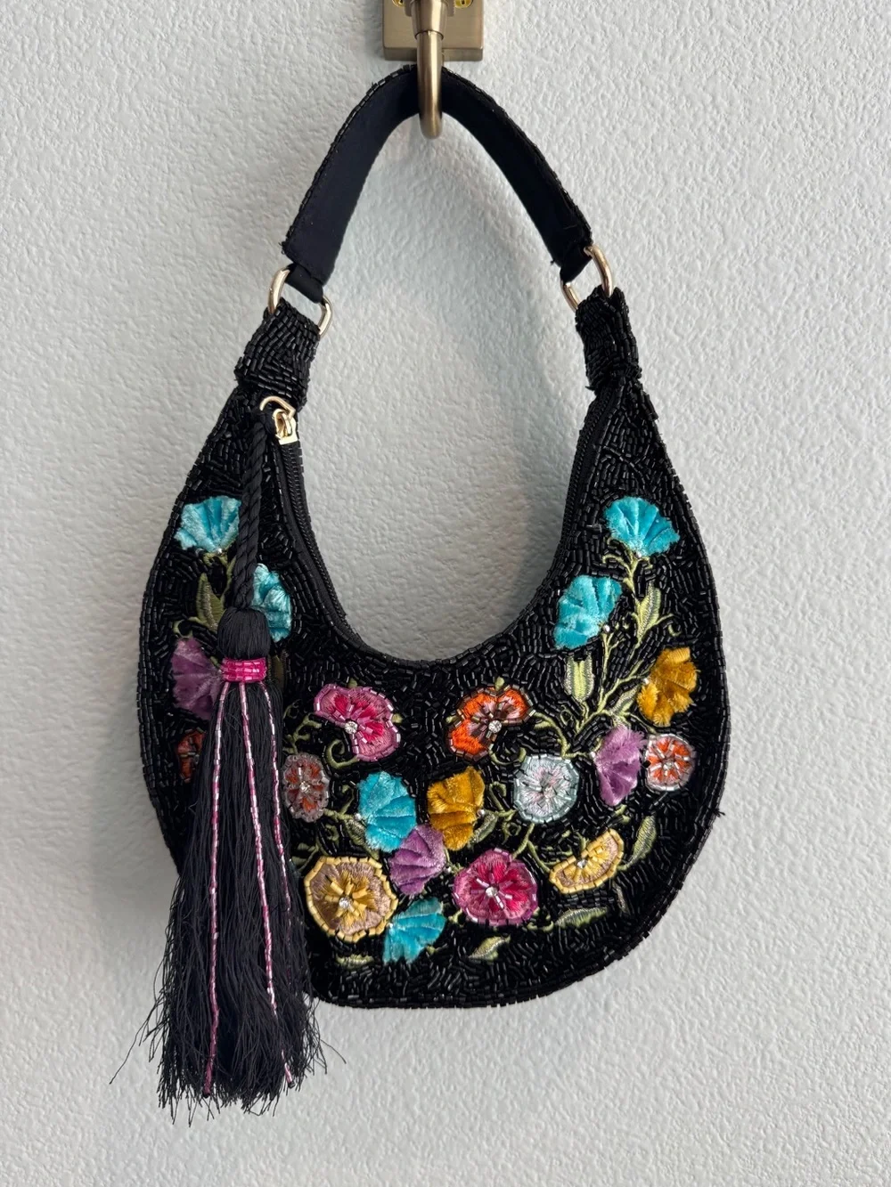 Studio 12 Black Beaded Floral Velvet Shoulder Bag Tassel Y2K